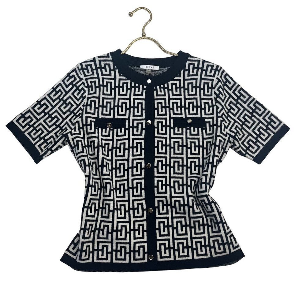 Sioni Button Cardigan Short Sleeve Black and White Geometric Print Ladies Size S